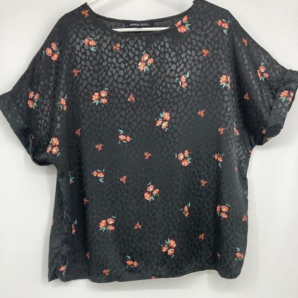 Capsule Black Satin Floral Curved Hem Top Size EU 45-US 14 - Picture 2 of 5